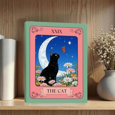 Imagem de Arte de parede em tela com cartão de tarô de gato, flores botânicas estéticas emolduradas pinturas de parede decoração de parede vintage impressões de lua imagem amante de gatos presentes para sala de