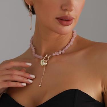 Imagem de Colar de cristal e coração de pérola de fada da floresta, corrente em camadas boêmia, para donzela delicada, presente chique e delicado (rosa)