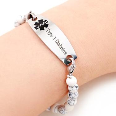 Imagem de Pulseira de aço inoxidável branca turquesa ajustável para enfermeira de emergência | Placa de identificação médica intercambiável com símbolo médico preto | Epilepsia gravada, diabetes tipo 1 e 2