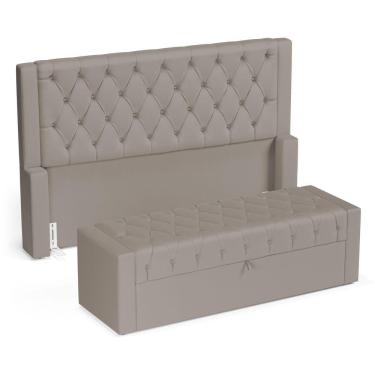 Imagem de Cabeceira E Calçadeira Báu Casal Padrão Atena 140cm Capitonê Suede Bege - Desk Design