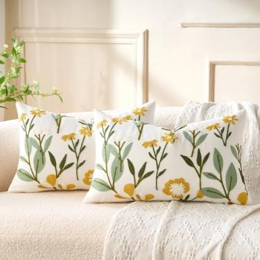 Imagem de Capas de almofada floral bordadas, flores decorativas para sofá, fazenda, verde, floral, tufado, 30 x 50, conjunto de 2 capas de almofada para sala de estar, sofá, cama, decoração de casa