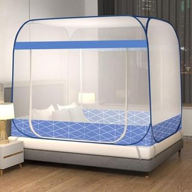 Imagem de Rede de Mosquiteiro Yurt Dupla para Cama – Proteção Anti-Mosquito, Sem Instalação, Fibra de Poliéster com Suporte de Aço Inoxidável(1.8米寬*2.0米長【全底防摔】,雙門【菱格尚藍】方頂加大)