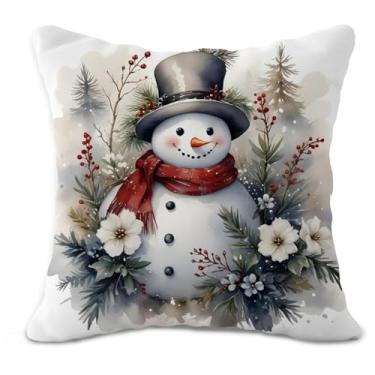 Imagem de OTOUO Capas de travesseiro rústicas de Natal para boneco de neve 45,7 x 45,7 cm, decorações de Natal com boneco de neve, vintage, floral, inverno, Natal, decorativas, capas para sofá, quarto, sala de