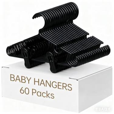 Imagem de Cabides para bebês recém-nascidos com clipes, 20 cabides de plástico para bebês recém-nascidos – com 40 clipes para pacotes de roupas infantis (preto, pacote com 60)