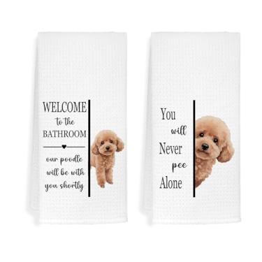 Imagem de EXUQO Toalhas de mão de banheiro engraçadas para presentes de mãe e pai, presentes para amantes de cães Poodle, bem-vindo ao banheiro, você nunca vai fazer xixi sozinho, 40 x 61 cm, conjunto de 2
