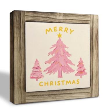Imagem de Placa de madeira de Feliz Natal, decoração de árvore de Natal rosa, placas de madeira decorativas, placa decorativa de caixa de madeira, decoração de casa para sala de estar e quarto, presente de