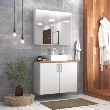 Imagem de Gabinete Para Banheiro Com Cuba E Armario 80cm Mdf Freijo Com Branco Paris - On Móveis