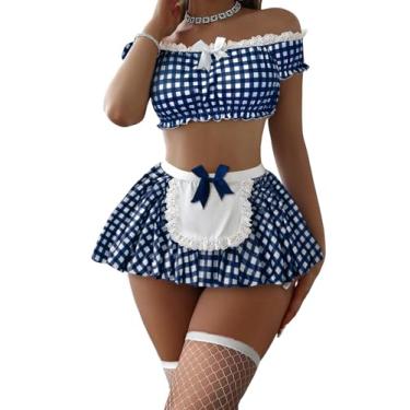 Imagem de Foxiny Mini saia sexy de malha de renda transparente para Halloween, roupa de empregada doméstica, conjunto de 4 peças, Xadrez azul, X-Small