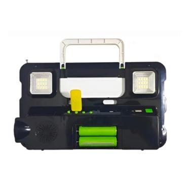 Imagem de Luminária Solar Multifuncional com Rádio FM, Painel Solar 27x15cm, LED 90lm, Bateria 3600mAh, Carregamento USB e Solar, Preto e Verde, para Camping e Emergência