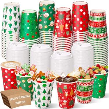 Imagem de Cunhill Conjunto de 100 xícaras de café descartáveis de Natal de 350 ml com tampas e mangas de papel espesso durável para chocolate quente, cacau, bebidas frias, suprimentos de festa de Natal