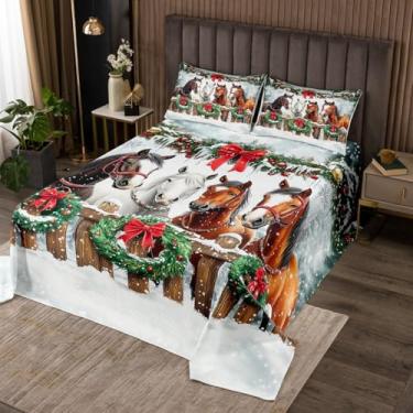 Imagem de Conjunto de cama queen com cavalo ocidental, árvore de Natal, 3 peças, animais de fazenda rústica, para decoração de quarto de crianças, meninos, meninas, adolescentes, inverno, feliz ano novo, colcha