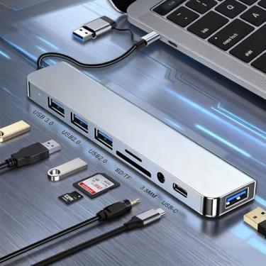 Imagem de Hub USB C/USB, hub expansor USB 8 em 1 de alumínio com USB 3.0, USB 2.0, SD/TF, conector de áudio, portas de alimentação USB-C adaptador multiportas compatível com PC/laptops/Mac Book Pro/Air/iMac