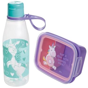 Imagem de Conjunto Marmita Hermética 630ml com Trava e Garrafa Abre Fácil 530ml Unicórnio Kit Lancheira Escolar Infantil BPA Free