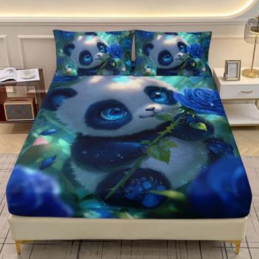 Imagem de AILONEN Jogo de lençol solteiro com estampa de panda kawaii e flor de rosa azul, lençol com elástico alto, 2 fronhas, 3 peças