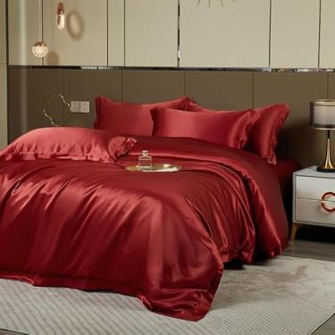 Imagem de SXYMTSW Conjunto de capa de edredom de seda pura amoreira 4 peças, conjunto de cama respirável super macio adulto, para cabelo e pele (2 fronhas, 1 capa de edredom, 1 lençol de cima, sem edredom