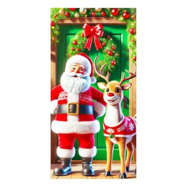 Imagem de BlissYard Capa de porta de Natal, guirlanda de rena de Papai Noel, 188 x 89 cm para porta da frente, faixa de varanda de feliz Natal, decoração de entrada sazonal, decoração de portas de pátio, placa