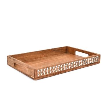 Imagem de Bandejas de servir de madeira de acácia com alças recortadas – Bandeja de madeira elegante e durável para café da manhã na cama, chá, lanches (38 x 25 x 4 cm)