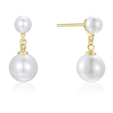 Imagem de Brincos de pérola de água doce para mulheres | Brincos de pérola | Presente de joia de dama de honra de noiva para ela, Two Pearls Drop, Latão, Sem pedra preciosa