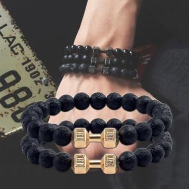 Imagem de 2 pulseiras elegantes combinando com contas para homens e mulheres com halteres modernos, corda elástica - pulseira de contas pesadas para academia, 19cm, Pedra, Sem Pedra Preciosa