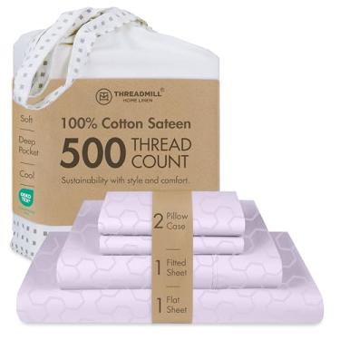 Imagem de Threadmill Conjunto de lençóis Queen de algodão | Lençóis 100% algodão de 500 fios para cama queen size | Conjunto de lençóis queen jacquard damasco com bolso profundo de 40,64 cm | Conjunto de cama refrescante de cetim macio | Lilás