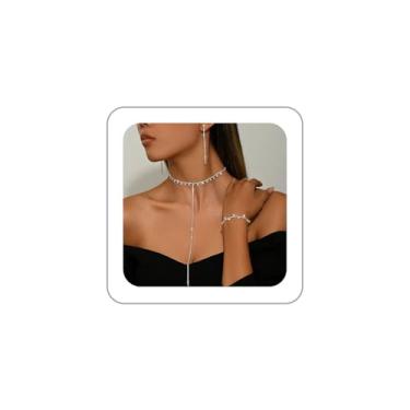 Imagem de BOOZIQ Conjunto de joias de casamento de prata para mulheres, colar de strass, pulseira, brincos pendurados, para noiva, dama de honra, cristal, formatura, acessórios de bijuteria, Choker Length
