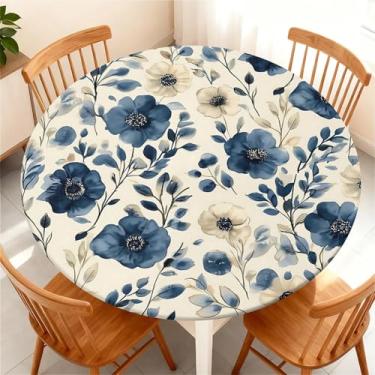 Imagem de Yesad Toalha de mesa elástica para mesas redondas, capa de mesa impermeável para mesa redonda de até 124,5 a 132 cm, capa de mesa de jantar para ambientes internos e externos, férias, flor de tinta