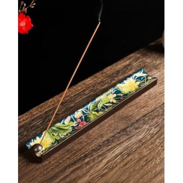 Imagem de TEAVOR Suporte de incenso japonês com apanhador de cinzas - Queimador de incenso de cerâmica com arte tradicional Ukiyo-e, para meditação zen, decoração de casa e presente