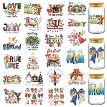 Imagem de Envoltório de copo DTF UV de Natal - 24 folhas versículo bíblico UV DTF envoltórios de copo para 16 copos de 590 ml, laço da história da natividade, adesivos de transferência a frio, faça você mesmo