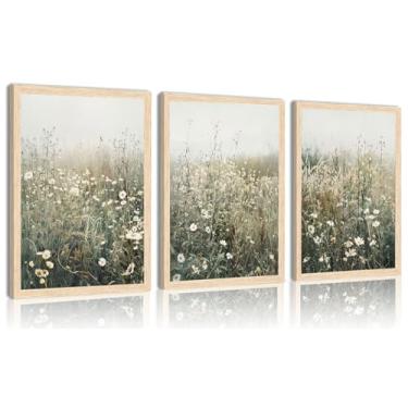 Imagem de 3 peças de arte de parede de flores silvestres emolduradas natureza botânica estampa floral neutra prado imagem de pôster vintage país foto estética para sala de estar quarto galeria decoração 30,5 x