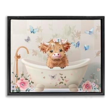 Imagem de Stupell Industries Baby Cattle in Floral Tub Black Framed Floater Canvas Wall Art, design by Shawna Stewart, 17 x 21