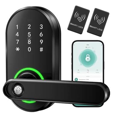 Imagem de Fechadura de porta de teclado inteligente com alça, fechadura digital de entrada sem chave para porta da frente, maçaneta eletrônica de impressão digital com aplicativo, alavanca de segurança para