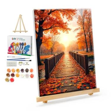 Imagem de YOYA Kit de pintura emoldurada por números para adultos – kits de pintura por números de outono em tela com cavalete, pintura de paisagem de outono DIY por número tela emoldurada para decoração de