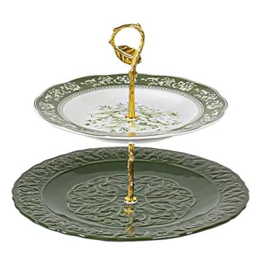 Imagem de Cesta de frutas Cestas de armazenamento de frutas Prato de frutas de cerâmica pintado à mão Prato de sobremesa de porcelana de camada dupla prato de frutas Bandeja de frutas (Grün 28 * 28 * 23 cm