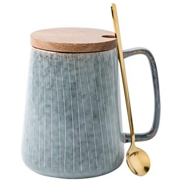 Imagem de Copo de água de cerâmica de grande capacidade estilo japonês retrô canecas de café de barriga grande forno esmalte alterado artesanato em forma de cone xícaras de chá - Caneca azul com colher e tampa