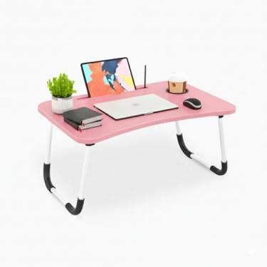 Imagem de Mesa de Colo Portátil Dobrável, Suporte Multiuso em Plástico e Metal, Marrom, 60x40x27cm, com Suporte para Copos e Tablet, para Trabalho, Estudo e Refeições (Rosa)