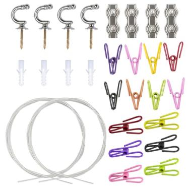 Imagem de YuxLnJxem Kit de exibição de fotos para pendurar na parede – Corda de 1,5 m com 20 clipes coloridos, 4 ganchos e 2 grampos de corda, cordão ajustável para fotos DIY