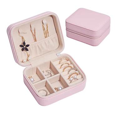 Imagem de BSNANCA Organizador de joias, caixa de joias de couro, brincos, colar, caixa de armazenamento portátil, anel organizador de joias, caixa de joias com ganchos, divisória removível (ouro 11 x 9 x 5,5 cm