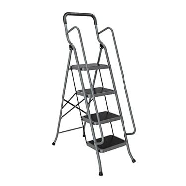 Imagem de Escadas dobráveis Escada dobrável de segurança de 4 degraus de aço carbono banco de escada de metal com corrimãos e apoios de braços laterais escada portátil para casa escada resistente (cor: amarelo