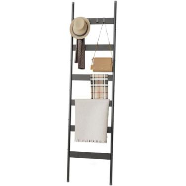 Imagem de Escada de cobertor, suporte de toalha de 6 camadas com 4 ganchos removíveis, prateleira decorativa inclinada para parede de fazenda, suporte de exibição de toalha de madeira, escada de colcha para