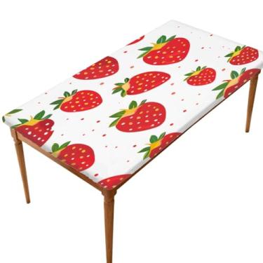 Imagem de Toalha de mesa retangular de 1,8 m de comprimento, elástica, justa, fruta, morango, linda toalha de mesa com bolinhas, elástica, retangular, impermeável, lavável, protetor para piquenique, jantar