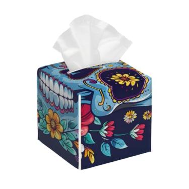 Imagem de Capa quadrada de couro para caixa de lenços à prova d'água flor esqueleto abstração legal organizador de papel facial com cinto inferior cubo estojo de tecido para mesa banheiro escritório mesa carro