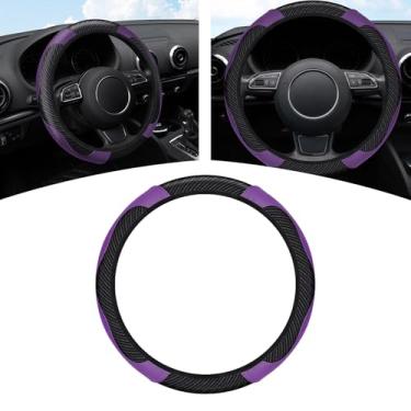 Imagem de AMZAUTO Capa de volante de carro de fibra de carbono, protetor de volante elástico de couro universal de 38 cm, acessórios internos automotivos antiderrapantes para a maioria dos modelos de carros