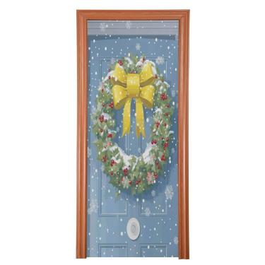 Imagem de ATTX Capa para porta da frente da guirlanda de Natal - Decoração de férias de tecido elástico lavável para festas, casa, decoração de porta da frente, 81 x 199 cm (112)