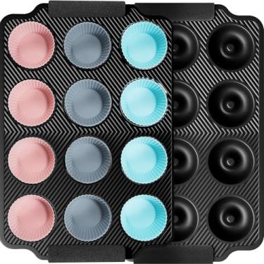 Imagem de Kikcoin Conjunto de 2 formas empilháveis, conjuntos de assadeiras antiaderentes com alças de silicone, forno, 232 °C, forno, seguro para assar, assadeiras resistentes e antiaderentes, preto