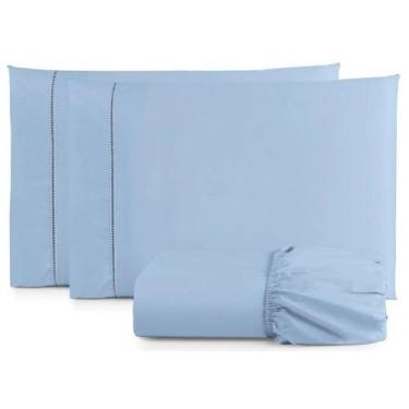 Imagem de Jogo Lençol Casal Padrão 3 Peças Cama Box Ponto Palito 400 Fios Azul -