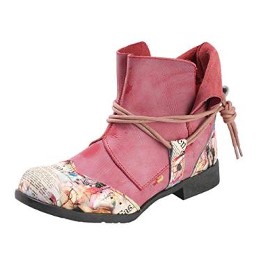 Imagem de TMA EYES Botas femininas de cano curto de couro com detalhe de gravata, Vermelho, 39