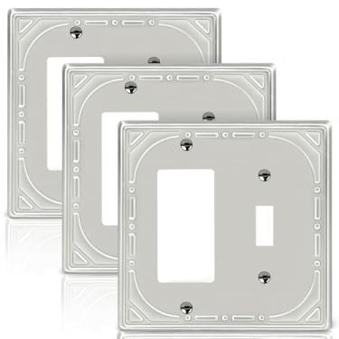 Imagem de Combinação de metal para interruptores de luz, placa de parede, 1 interruptor/1 placa decorativa de níquel escovado placa de parede decorativa de 2 grupos - estilo retrô clássico, pacote com 3