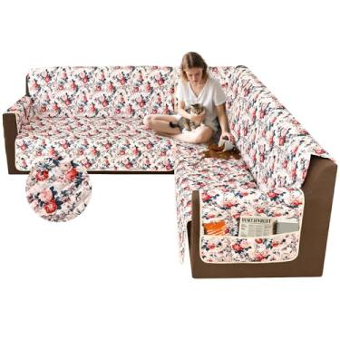 Imagem de ALIECOM Capas de sofá para sofá seccional, 10% impermeável, em forma de L, capa de sofá seccional de canto, lavável, impressa, protetor para animais de estimação com bolso (vermelho floral, GG)