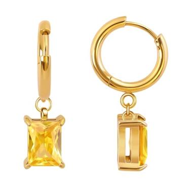 Imagem de FANSING Brincos de aniversário femininos com pingente de gota, brincos de baguete, pedra do mês de nascimento, aço cirúrgico, banhado a ouro 18 k, one size, Metal, Sem pedra preciosa