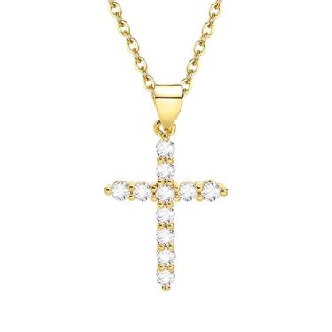 Imagem de Colar de cruz para mulheres, colar de cruz de zircônia cúbica banhado a ouro 14K para mulheres na moda, colares com pingente de fé cruz, simples, delicado, religioso, batismo, fé, joias, presentes